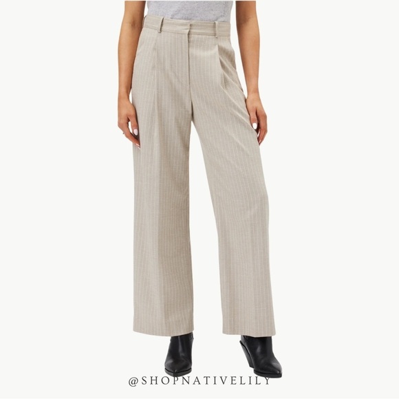 NWT Amour Vert Women’s Pleated Wide Leg Trouser | Sz 8 | Natural (Tan) Striped - Picture 1 of 15